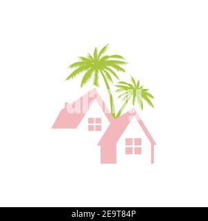pink green Beach house logo design vector palm house summer template illustration Stock Vector