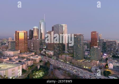An aerial view of the downtown Los Angeles skyline, Friday, Feb. 5, 2021. Stock Photo