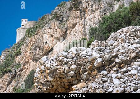 View of rocks and ancient Fico Tower- Circeo - Latina Italy Stock Photo