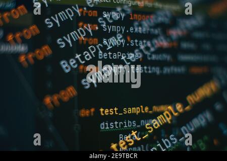 SEO optimization. Modern tech. PHP syntax highlighted. Writing programming functions on laptop. Big data and Internet of things trend. Stock Photo