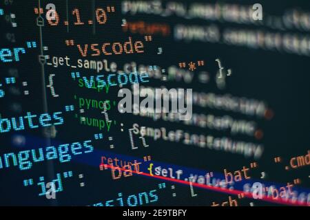 Website HTML Code on the Laptop Display Closeup Photo. Information technology website coding standards for web design Programmer developer screen. Stock Photo