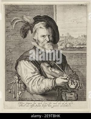 Muzikant met viool en doedelzak in een vertrek bij een raam, met een gezicht op een landschap met een brug en in de verte een dorp. Stock Photo