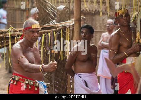 Payyanur, India - December 6, 2019: Velichappadu, the Oracles of Kerala during traditional religious village ceremony, South India Stock Photo