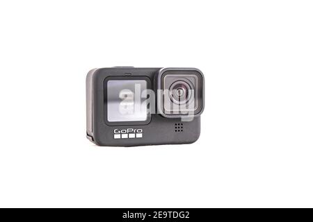 moscow, russia - Novemner 11, 2020: new flagship action camera gopro hero 9 black. front view, isolated white background... Stock Photo