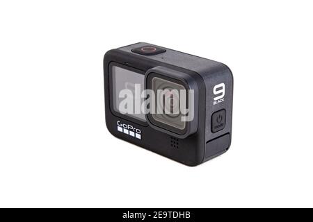 moscow, russia - Novemner 11, 2020: new flagship action camera gopro hero 9 black. front view, isolated white background... Stock Photo