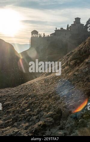 The Great Meteoron Monastery in Meteora, Sunlight shining through, Greece Stock Photo