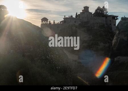 The Great Meteoron Monastery in Meteora, Sunlight shining through, Greece Stock Photo