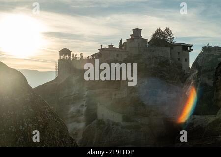 The Great Meteoron Monastery in Meteora, Sunlight shining through, Greece Stock Photo