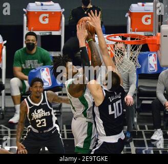 Los Angeles Clippers' center Ivica Zubac fouls Boston Celtics' power forward Grant Williams during the fourth quarter at Staples Center in Los Angeles on Friday, February 5, 2021. The Celtics defeated the Clippers 119-115.  Photo by Jim Ruymen/UPI Stock Photo