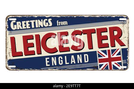 Greetings from Leicester vintage rusty metal plate on a white background, vector illustration Stock Vector