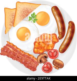 Traditional english breakfast on a plate, top view. Vector illustration. Stock Vector