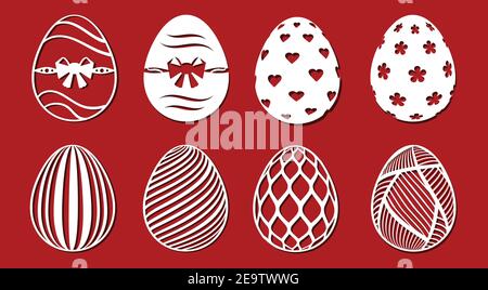 Easter egg set. Easter with simple ornament, bow for laser cutting on red background. Icons for greeting card. Vector illustration Stock Vector