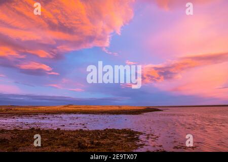 Sunset in Hornafjordur fjord in south Iceland Stock Photo