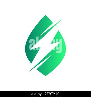 Green energy logo. Lightning bolt in a leaf. Sustainable energy symbol. Eco power concept. Thunder leaf sign. Environmental friendly electric energy. Stock Vector
