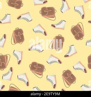 Seamless pattern with backpack and boots in a flat style. Leather bags and shoes. Autumn fashion accessory for for pupil, student, girl in casual Stock Vector