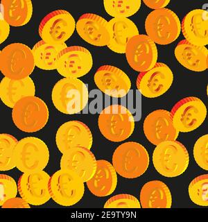 Coins with Euro Symbols Seamless Pattern, 3D Illustration on Black Background Stock Vector