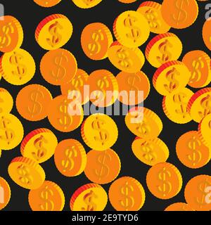Coins with Dollar Symbols Seamless Pattern, 3D Illustration on Black Background Stock Vector