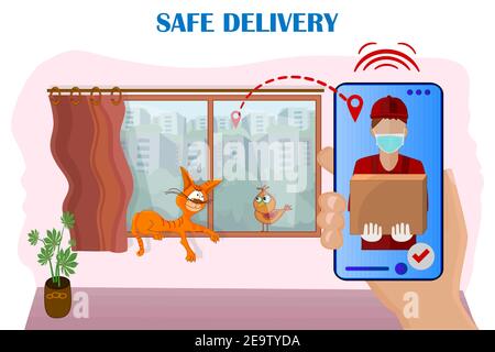 Hand holding smartphone with mobile app for online delivery and order service.Courier with box. Stay home.Delivery service in city.Vector illustration Stock Vector