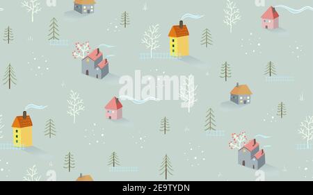 Winter landscape cottages and trees village seamless pattern background. Stock Vector