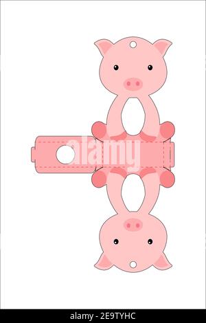 Cute easter egg holder pig template. Retail paper box for the easter egg. Printable color scheme. Laser cutting vector template. Stock Vector