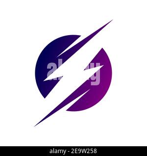 Lightning bolt logo. Electricity icon. Electric energy sign. Purple blue gradient. Thunder bolt in a circle. Flash or power symbol. Speed,fast. Vector Stock Vector