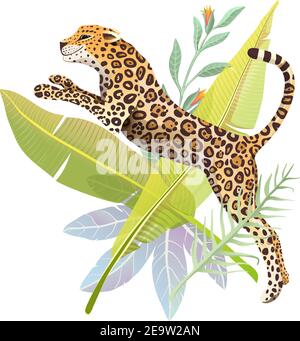 Jumping Jaguar in Jungle Nature Poster Design Stock Vector