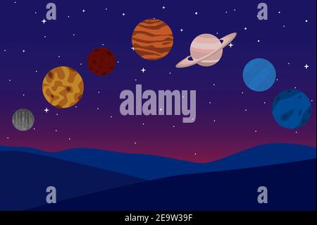 Planets in night sky landscape vector illustration Stock Vector