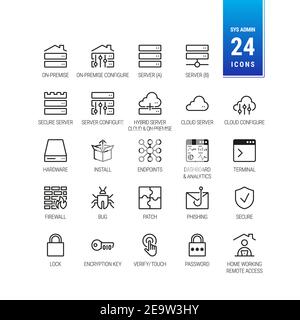 IT, Sysadmin Icons. On-Premise Server. Cloud Hybrid Solution. Patch, Phishing, Malware. Network Security, Password, Home work, Remote - Vector icons Stock Vector