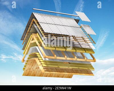 Roof covering in layers. Cross section and technical details of house roof. Metal sheets, different layers of insulation and wooden planks. 3d illustr Stock Photo