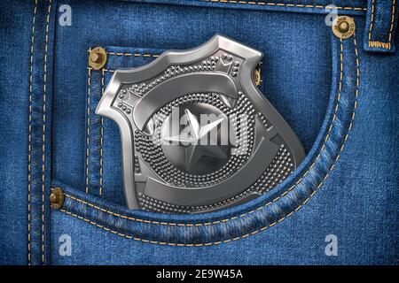 Police badge in jeans pocket. Undercover agent concept. 3d illustration Stock Photo