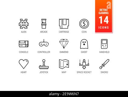 Retro Gaming and eSports Icons. Old School Devices. Including Hand held Console, Joystick and Controller Symbols. Scalable, Mono Vector Icons. Stock Vector