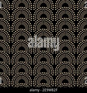 Art deco design. Abstract geometric seamless pattern with golden squared ornament on black background. Vintage decorative texture. Modern stylish Stock Vector