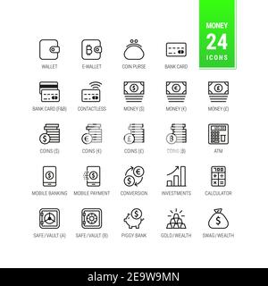 Money banking icons. Crypto, Cash, finance. Bank, Credit Card, ATM. Coins and currency Dollars, Euros, Pound Sterling. Wealth, Vault. - Vector Icons Stock Vector