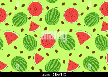 Bright watermelon vector seamless pattern. Fruit summer red and green repeated background Stock Vector