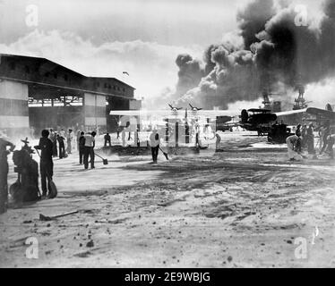 NAS Ford Island apron with planes during attack 1941. Stock Photo