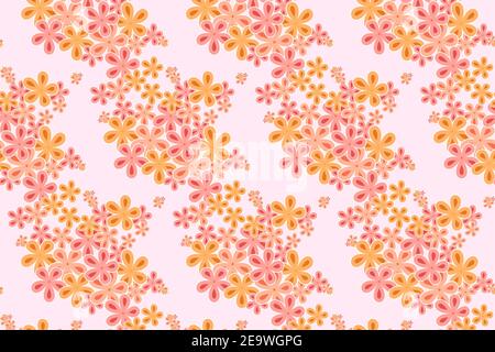 Delicate pastel floral pattern. Light pink and orange flowers background. Cute diagonal blooming texture for fabric, wallpaper, wrapping paper. Stock Vector