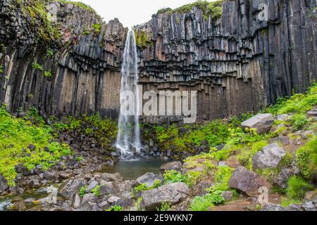 Svartifoss waterfall in Skaftafell national park in south Icelandic countryside landscape scenery on a summer day Stock Photo