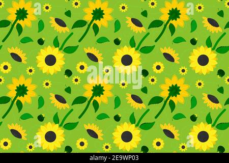 Nice sunflowers seamless vector pattern for fabric, wrapping paper or cover. Light green and yellow floral summer background Stock Vector