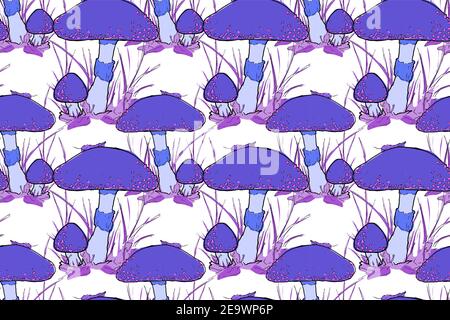 Neon blue magic mushroom seamless pattern Stock Vector