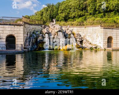 Stunning view of the three dolphins fountain, Royal Palace of Caserta, Italy Stock Photo