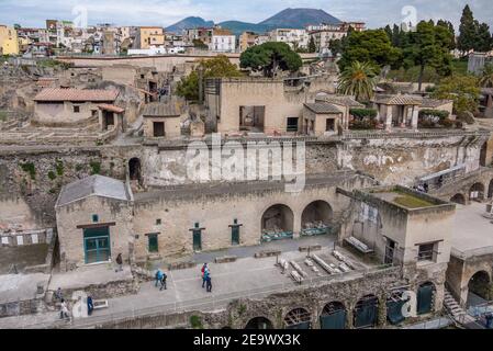 Herculaneum ruins, ancient Roman fishing town buried by the eruption of Mount Vesuvius in AD 79, buried under volcanic ash & preserved almost intact. Stock Photo