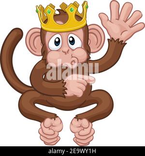 Monkey King Crown Cartoon Animal Waving Pointing Stock Vector