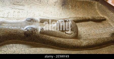 Egypt, Cairo, Egyptian Museum, granite outer sarcophagus of king Psusennes I, reused from king Merenptah. Found in the royal necropolis of Tanis. Stock Photo