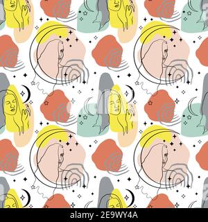 Seamless pattern with single line drawing of woman portrait with moon and stars with abstract geometric neutral shapes Stock Vector