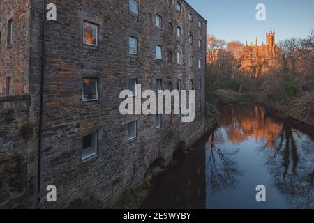 View from old town Dean Village over the Water of Leith as Rhema Christian Centre Chruch catches evening golden light in Edinburgh, Scotland. Stock Photo