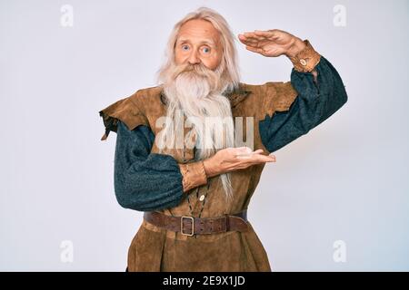 Old senior man with grey hair and long beard wearing viking traditional costume gesturing with hands showing big and large size sign, measure symbol. Stock Photo