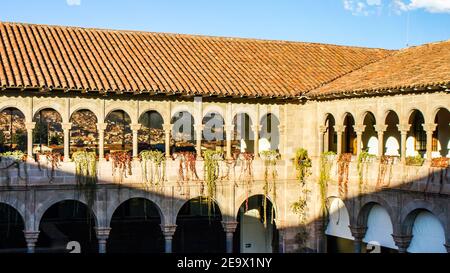 Arcades around courtyard of former Incan Temple of the Sun, aka Qoricancha or Coricancha, Cusco, Peru Stock Photo