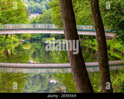 Bridge reflected in the River Derwent with trees in foreground in Matlock Bath Derbyshire Dales Peak District England UK Stock Photo