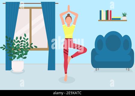 The girl is engaged in yoga at home. Vector, a woman goes in for sports. Sports at home, classes in the apartment, self-isolation. Flat illustration. Stock Vector