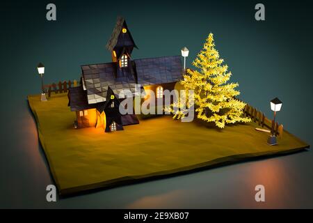 black castle in night scene, 3d illustration rendering Stock Photo